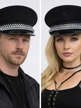 Black Checker Police-Style Cap - Unisex / Coachella / Rave Attire/ Festival Wear